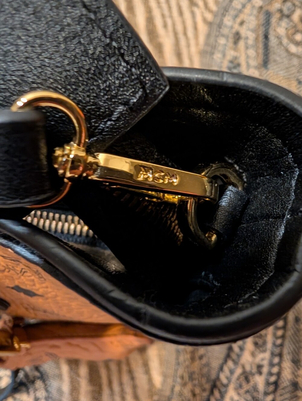 MCM Visetos Cognac Leather Mini Tote with Black Trim And Adorable Doggie Charm! - Picture 11 of 15